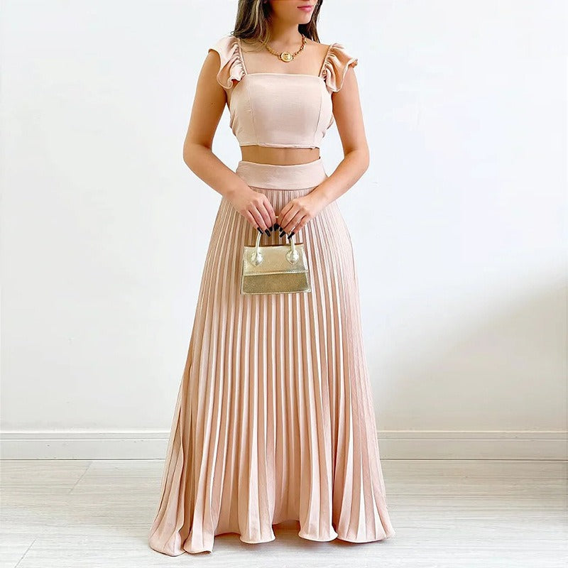 Women's Spring New Solid Color Short Tank Top High Waist Pleated Half Length Dress Fashion Casual Set