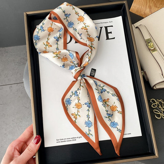 Spring And Summer New Women's Literary And Artistic Floral Long Small Scarves Professional Silk Scarf Fashionable Binding Bag Ribbon Hair Band Scarves