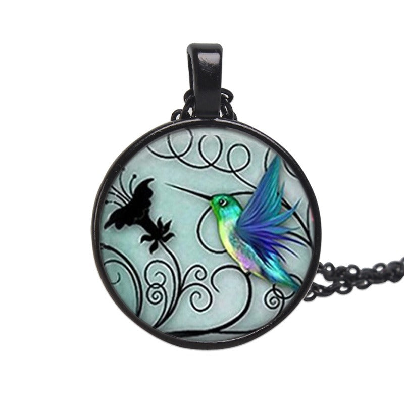 New Creative Blue Hummingbird Time Gemstone Necklace Glass Pendant Sweater Chain