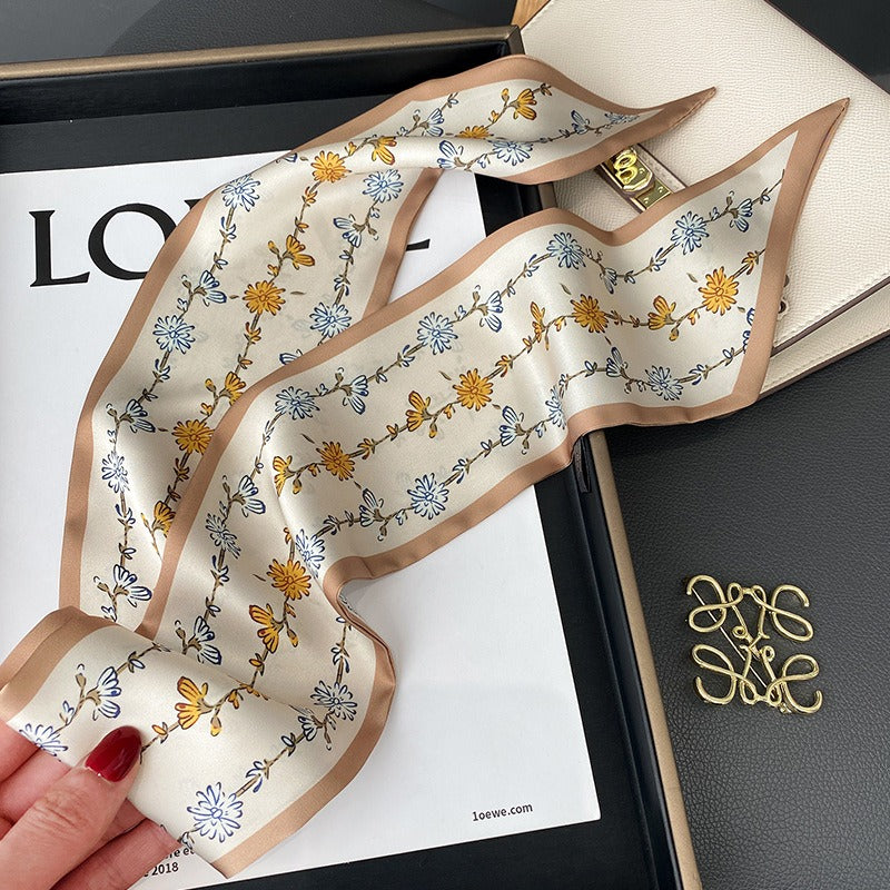 Spring And Summer New Women's Literary And Artistic Floral Long Small Scarves Professional Silk Scarf Fashionable Binding Bag Ribbon Hair Band Scarves