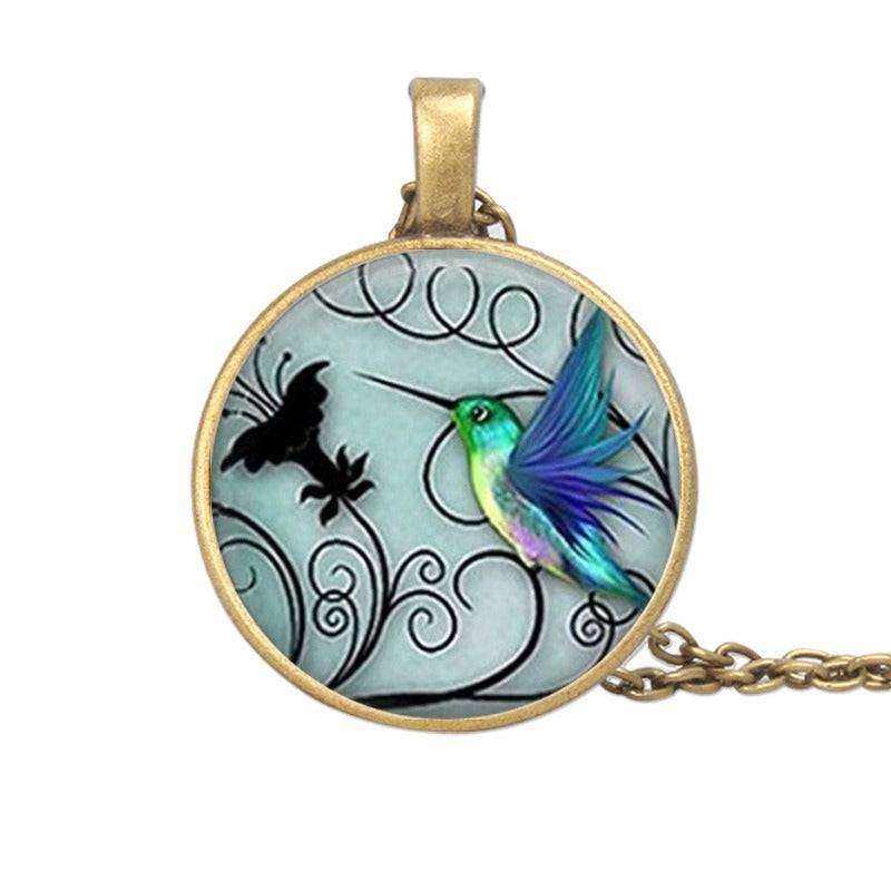 New Creative Blue Hummingbird Time Gemstone Necklace Glass Pendant Sweater Chain