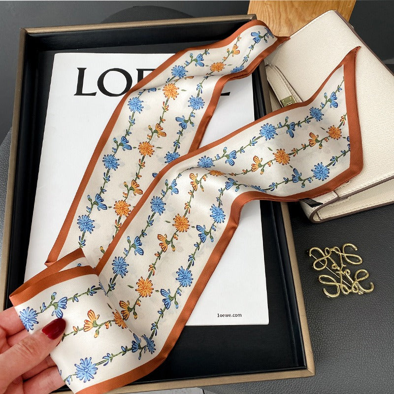 Spring And Summer New Women's Literary And Artistic Floral Long Small Scarves Professional Silk Scarf Fashionable Binding Bag Ribbon Hair Band Scarves