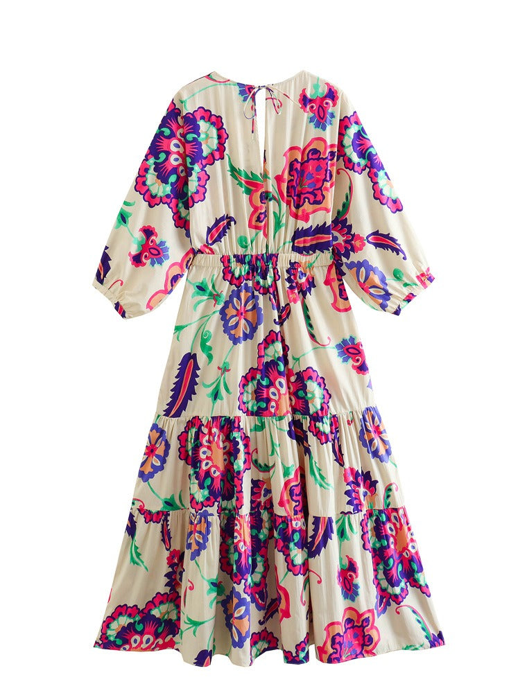 New European and American Style Printed Poplin Hollowed Out Twisted Dress