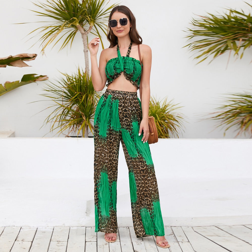 Summer New Suit Slim Fit Bust Hanging Neck Top Printed Wide Leg Pants Casual Fashion Pants Set